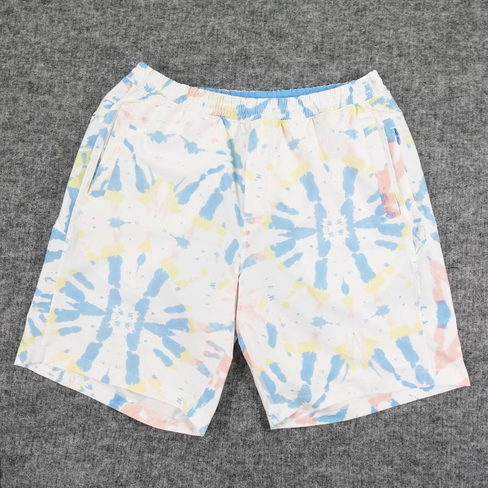 Birddogs Shorts‎ Mens XL Long 9" White Blue Tie Dye Stretch Lined Elastic Waist